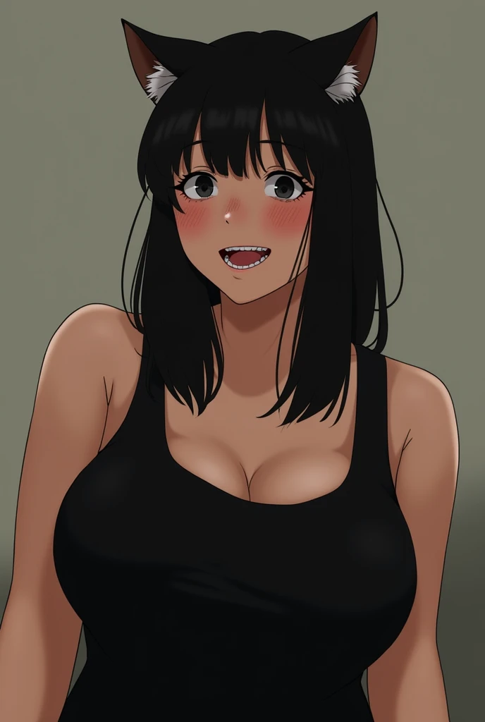 Chubby girl mid length hair black eyes brod face slim body flat chest black long sleeveless dress Award Winning, Bangs, Black Hair, Earrings, Cat Ears, Smile, Teeth, Facial Hair, Happy, Drunk, Wide Shot, 