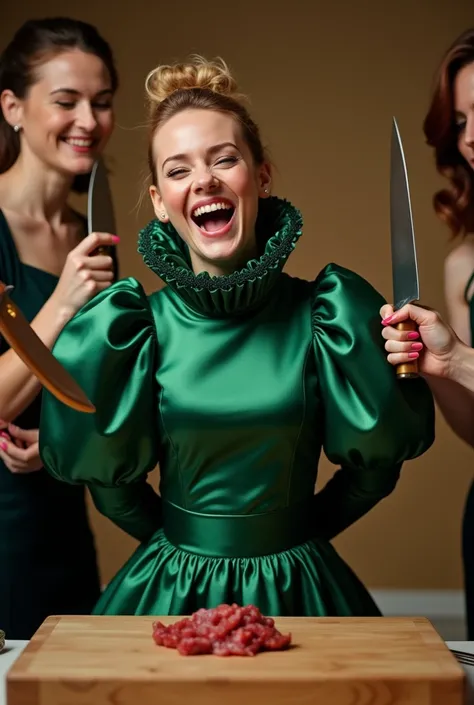 (realistic photograph sideways close up), (a happy willingly bend over beautiful Caucasian lady with (messy hair bun) and wearing (excessive shiny emerald silk dress with (long gigantic puff sleeves), (and with an ultra high tight stand-up collar up to her...