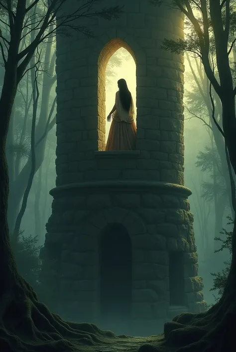  A woman goes down in the forest, trapped in a tower ,  straight hair,  black hair ,  long hair