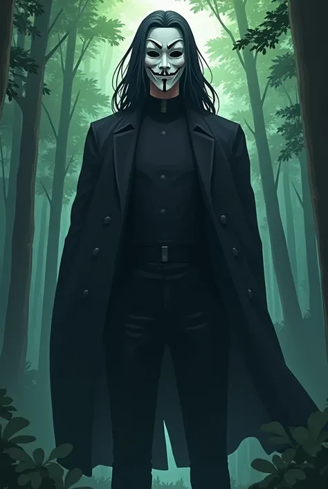 Anime man, 1.94 tall, dark hair, white mask with a smile, dark clothes, forest background