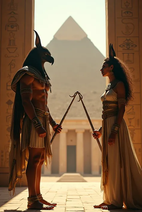 Les dieux égyptiens, dieu Râ avec sa tête de faucon, Dieu Anubis, à tête de chacal prêt à se battre avec leurs sceptres et Isis, reine du trône essayant de les séparer, tout les 3 sont dans un temple avec en arrière plan une pyramide avec loeil de Râ incru...