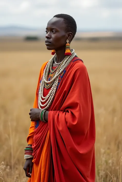  A Maasai woman stands gracefully in an expansive savanna ,  dressed in a traditional robe of bright red and orange cloths,  adorned with pearls . She wears ornate ,  colorful jewelry made of necklaces and earrings ,  that represents her cultural identity ...