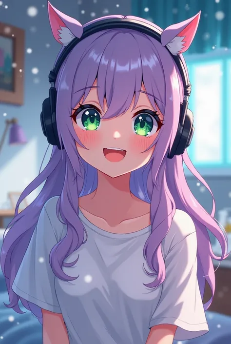 Anime Young woman bunny girl, pastel purple long wavy curly hair, green eyes, smiling face, à long over size white t-shirt , gamer headset on, cute pose, snowing, gamer bedroom blurry background