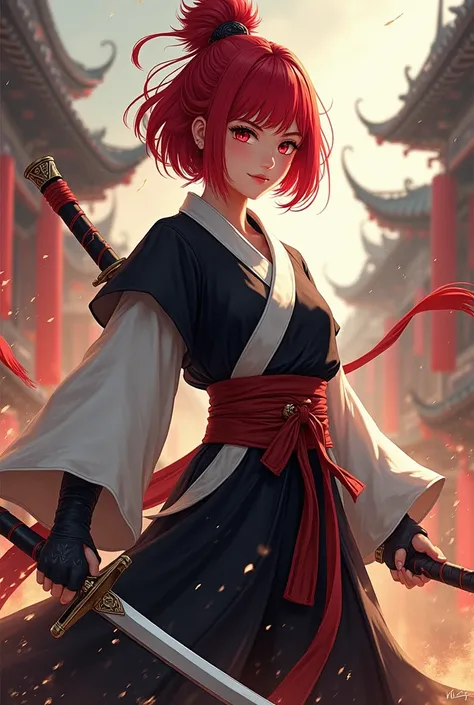 Chinese girl, short hair red color, eyes red, soi fon bleach vestiment, concept lu bu, and personality goku

Picture full body capt