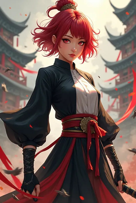 Chinese girl, short hair red color, eyes red, soi fon bleach vestiment, concept lu bu, and personality goku

Picture full body capt