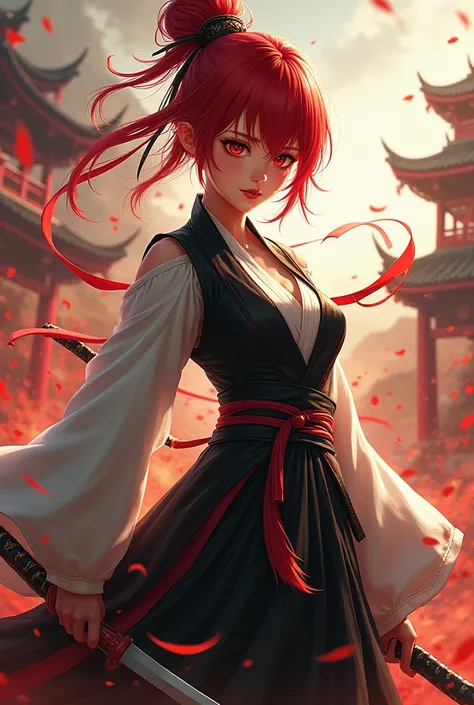 Chinese girl, short hair red color, eyes red, soi fon bleach vestiment, concept lu bu, and personality goku

Picture full body capt