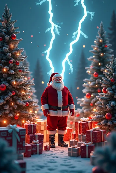 Christmas with santa and with gifts and llightnings trees