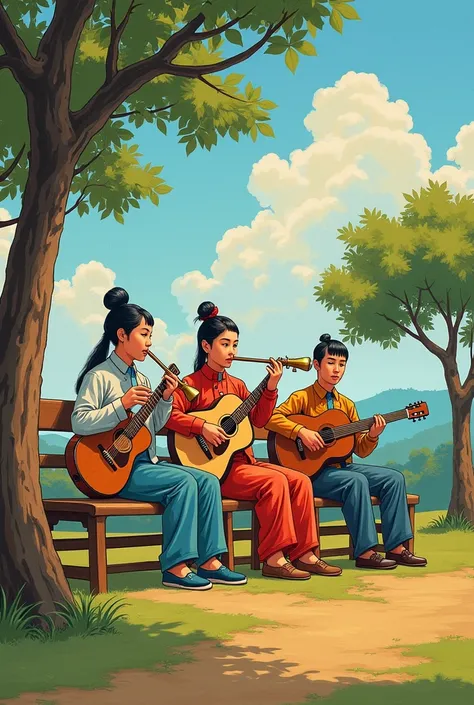 painting of a group of people playing instruments in a park, a cartoon by Yi Insang, reddit, sots art, traditional art, traditional painting, contemporary art, winning artwork, dital painting, war art, war scene, artistic depiction, intermediate art, histo...