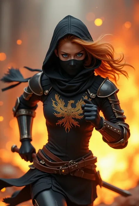  A young heroine around s,  in black armor , With stand-up collar and hood that she has pulled over her head ,  ginger colored open hair ,  that blows in the wind and deep dark blue eyes . That have the color of the sea .  She wears a black mask on her fac...