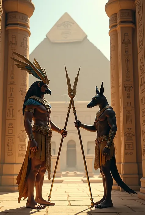 Les dieux égyptiens, dieu Râ avec sa tête daigle, Dieu Anubis avec sa tête de Canidé, prêt à se battre avec leurs sceptres. tout les 2 sont dans un temple avec en arrière plan une pyramide avec loeil de Râ et des hiéroglyphes incruster. Dans le style photo...