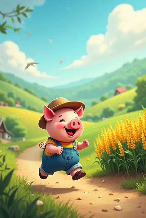  animated, a pig heading to a crop that is on the right side