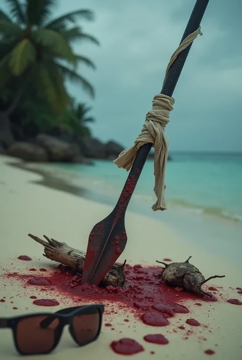  A beach island background with a bloody spear stuck in the sand with a piece of t-shirt tied around its tail, On the side there are broken, bloodied sunglasses and remains of what was a campfire in front 