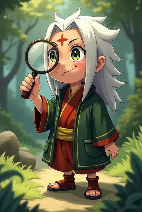 Jiraya with a magnifying glass in her hand and smiling