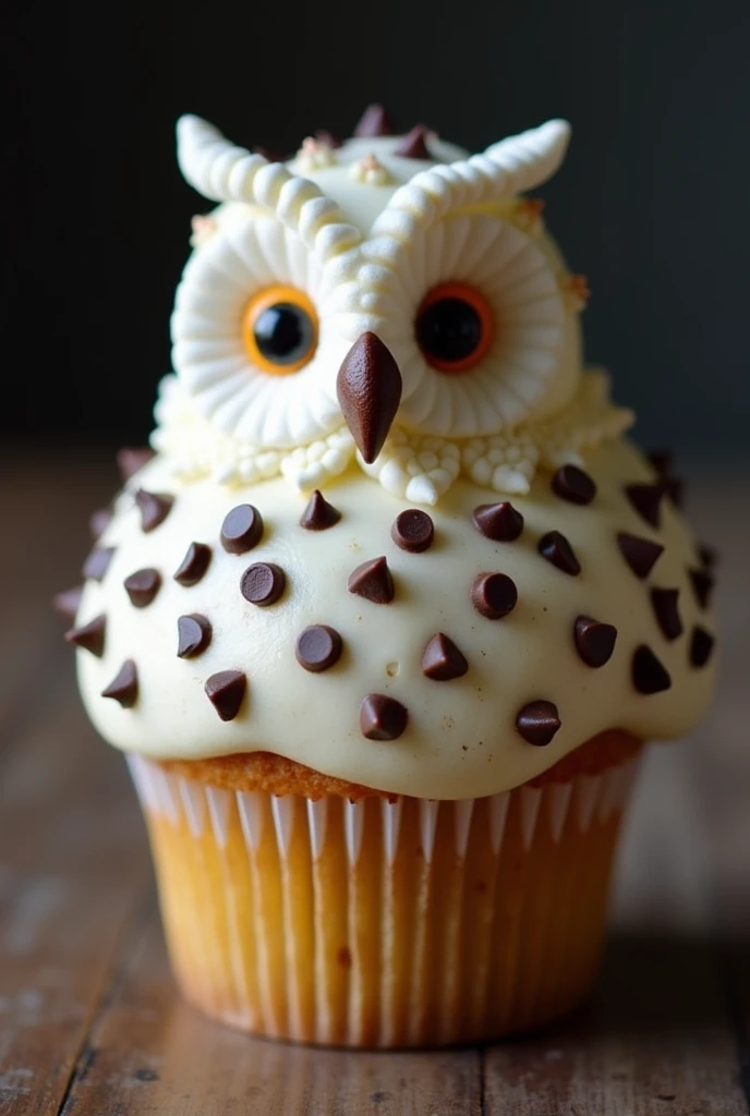 **Cupcake Hedwige**  
Un petit gâteau moelleux à la vanille, parsemé de pépites de chocolat noir imitant les plumes tachetées du célèbre hibou d’Harry Potter. Sur le dessus, deux mini chamallows forment ses grands yeux, décorés de pupilles en chocolat fond...