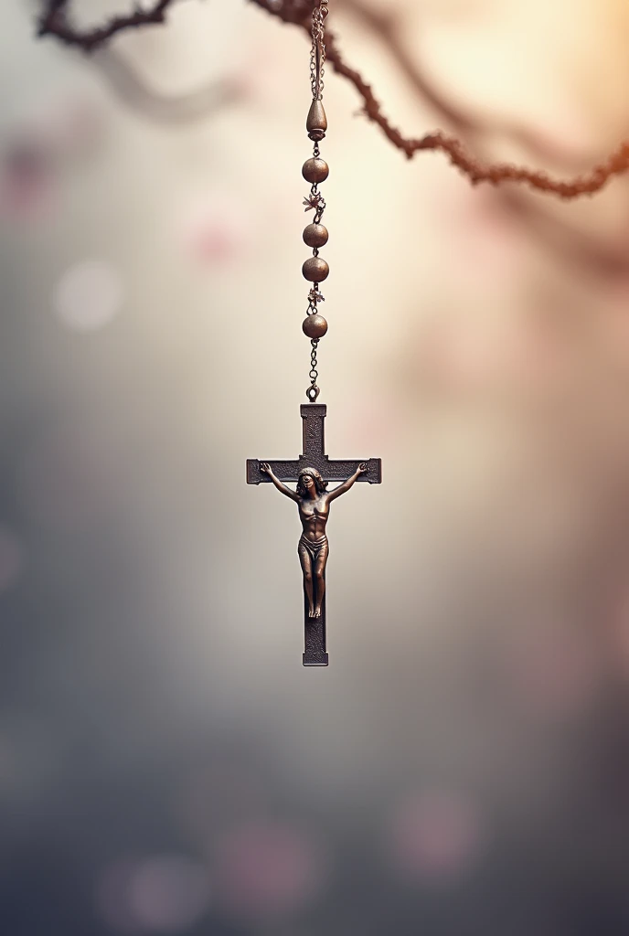 hanging rosary nested on a soft background 