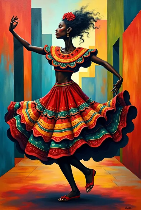 create a Picasso  ,Of a beautiful black woman dancing folklore , barefoot from Huipil and mixed with different colors in El Fondo Cubism style