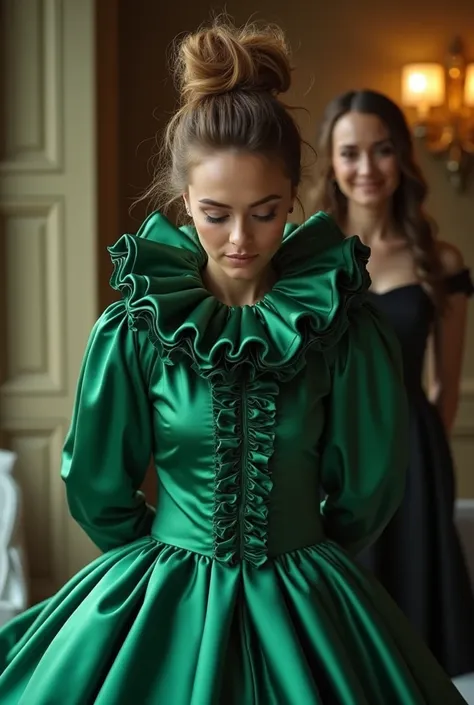 (realistic photograph sideways close up), (a happy willingly bend over beautiful Caucasian lady with (messy hair bun) and wearing (excessive shiny emerald silk dress with (long gigantic puff sleeves), (and with an ultra high tight stand-up collar up to her...