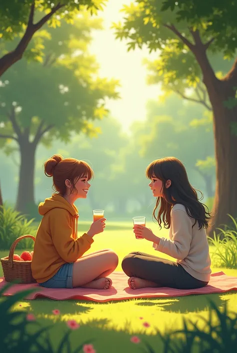 A serene scene of friends chatting in a cozy environment, such as a park with natural light.


