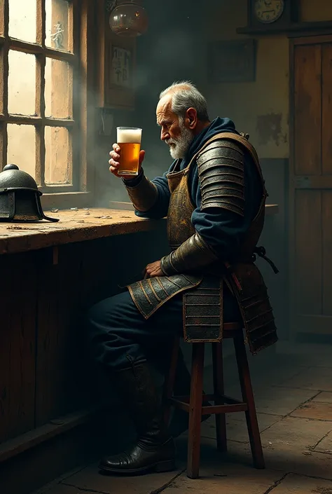  Create a picture of an approximately 40-year-old samurai in armor,  who has left his helmet next to him on the counter .  He is sitting on a bar chair in an old rancid bar and drinking a beer, exhausted and marked by life . Photo-realistic. 