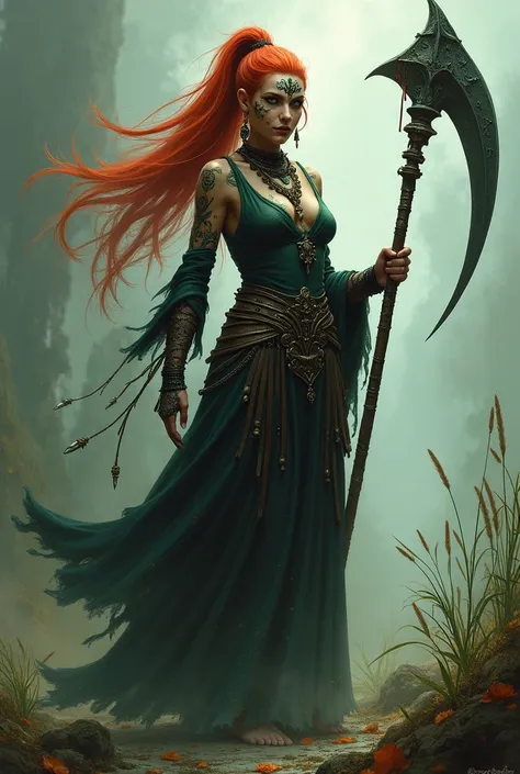  Long bright red hair gathered in a high ponytail.  Shamanic face coloring . Shamans clothes .  green eyes .  She holds a death scythe in her hands 