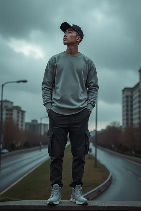 A photo of a handsome korean man, clean white face and very perfect handsome, slightly muscular body, wearing a grey sweater top dsign outfit costum,short cargo pants grey, wearing black snap back cap and grey Jordan shoes. She is standing above on the sta...