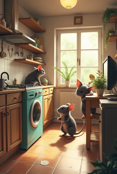 Une image qui représente une maison avec, des ratons laveurs dont un qui fais a manger, un sur un tapis de course, un qui bricole, un qui joue avec un ordinateur.