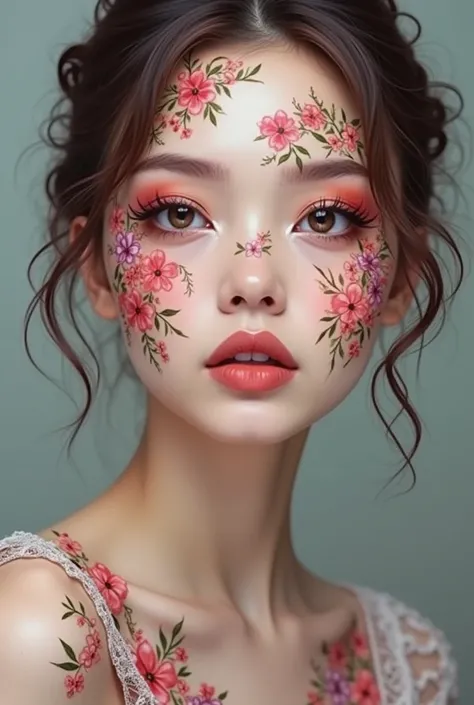 artistic makeup ,  with drawings of flowers  