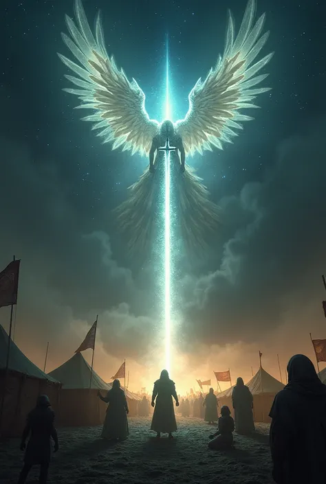  An impressive scene of a radiant and powerful angel, With a shining sword ,  hanging over a vast Assyrian camp , as soldiers fall to the ground . The night is starry ,  and the angels light dominates the darkness .

