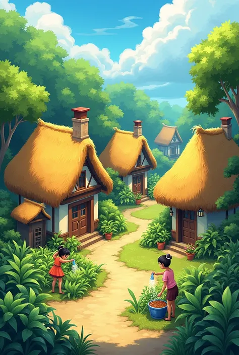 A village with small houses with thatched roofs. Colorful village, The greenery is beautiful,the inhabitants are watering plants