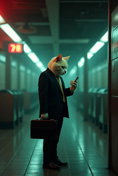 an anthropomorphic cream cute cat wearing Suit, briefcase, cellphone, coffee standing alone in a subway station, under a single bright fluorescent light, surrounding tiles reflect the light, casting soft shadows around the individual engrossed in their sma...