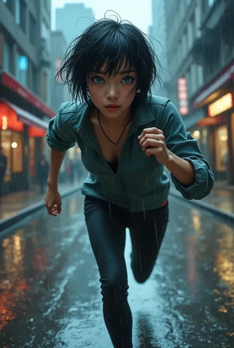  Create a realistic image of an Asian woman with short black hair,  Blue Eyes, running down a street in the rain .