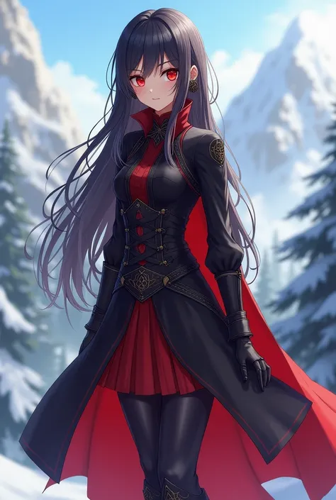 super fine illustration,shiny skin,fine skin,very cute and beautiful girl, beautiful face, frowning and looking towards me, beautiful red eyes, Image of a woman in a black and red dress, fantasy costume, Black tights and skirt, Black boots, narrow sleeves,...