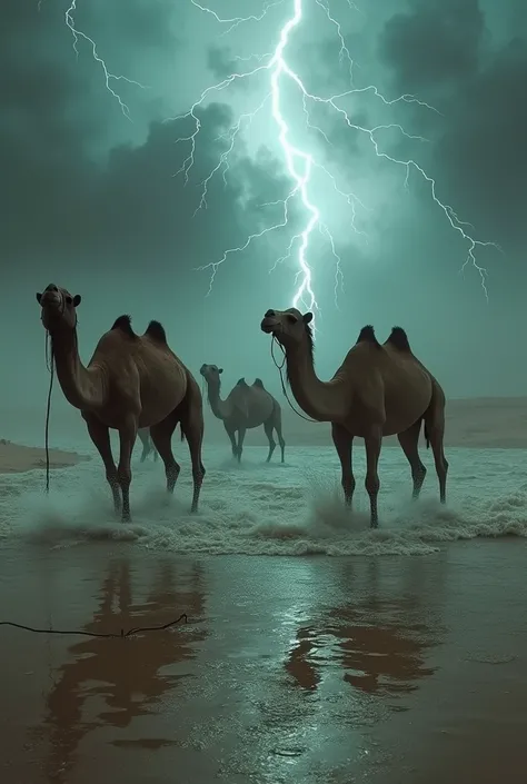 Create an image of camels drowning in desert waters and dark skies with lightning and storm 