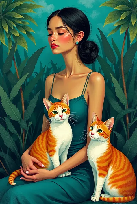 Woman with 2 cats Gaughin style
 green blue