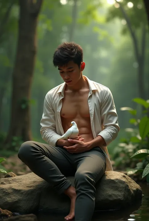 A handsome Malay young man ,  wearing an unbuttoned kolar shirt appears six pact ,  with his thighs tight , theres a big bulge on his testicles.  He is sitting on a rock and in his hand is a white dove.  Landscape in a lush forest with green trees . 3d rea...