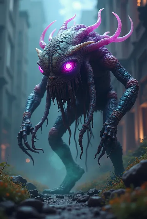  a hyper-realistic image of a terrifying interdimensional monster with highly detailed textures. The creature should have multiple eyes, writhing tentacles, and a partially translucent body revealing inner cosmic energy. Render its skin with intricate, lif...