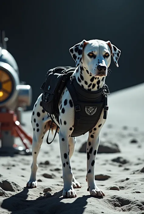 A Dalmatian in tactical military clothing standing on the moon with two propulsion engines 