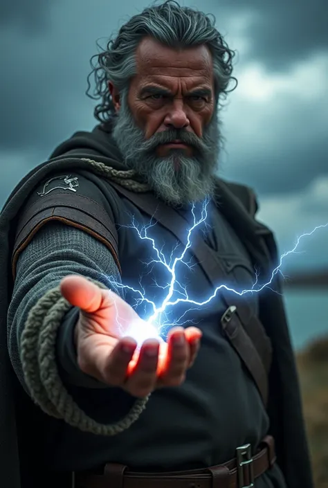 Mature man with a beard and lightning in his hand 