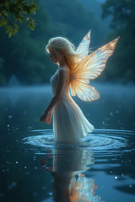 Blonde fairy with shiny wings ,  rising from the water of a lake at night