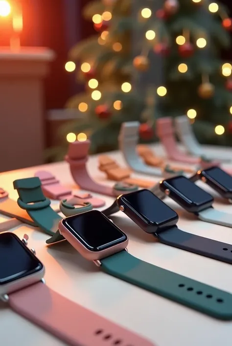  square model smartwatch digital watches each with a strap of a different color from the other; on the store table , with screen display off black .  Realistic image in a neutral environment in a Christmas-themed window  