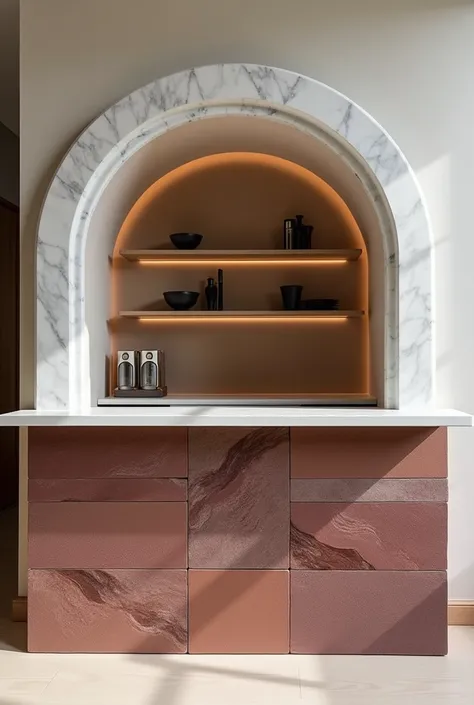 Create a breakfast bar with an arched upper half with white marble finish and the lower part made of rectangular blocks of wine-colored stone 