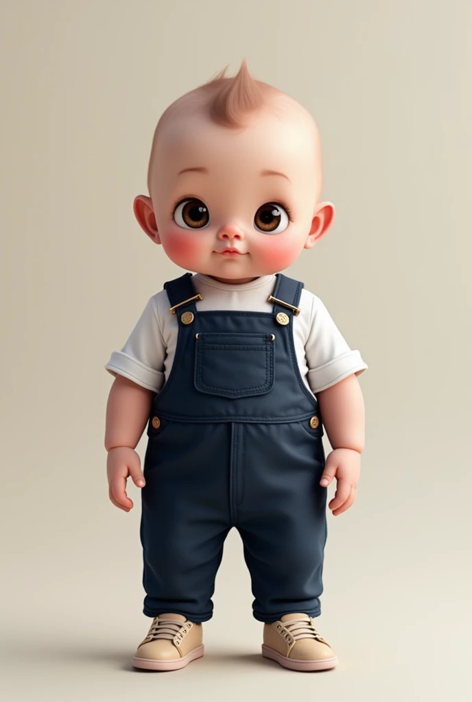 White  baby,fatty,almost hairless, ,brown, black eyes ,wearing dark blue jumpsuit, with short sleeve white blouse,and beige sneakers ,standing, full body  