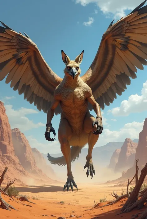  create an image of a monstrous hybrid animal  (Kangaroo with an eagle),  make this being with the characteristics of the two animals. background of a desert