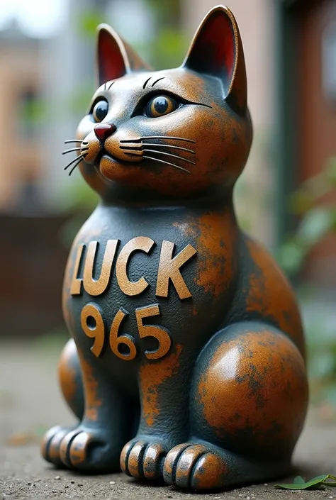 a close up of a cat statue with the word luck 365, a picture by Jack M. Ducker, flickr, stuckism, muck, buck studios artwork, header with logo, truck, duck, logo, logo, subject= duck, trick, chuck, ducks, jock, trucks, jack, high quality photo, lucasarts, ...