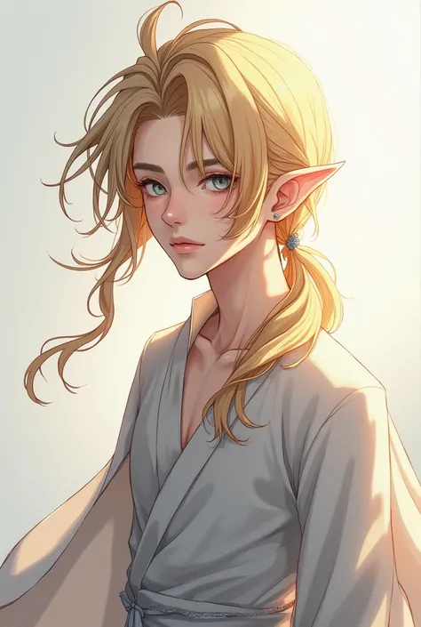 A young peredhil with blond hair, grey eyes, about 20 years old,  in a simple and light but elegant outfit at the same time,And let it be animé style .And let it be male 