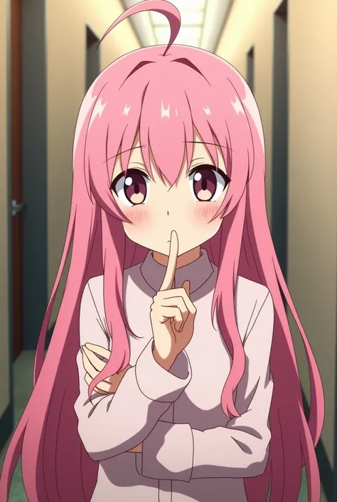 Anime girl with pink hair and long pink hair in a hallway, zero two, That Time I Got Reincarnated as a Slime, Todays featured anime still image ,  haruno sakura , In the anime movie, TV anime frame, with the index finger, in an anime,  visual anime of a cu...