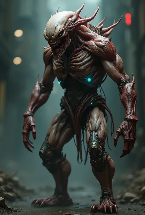 concept art concept art, rendered in unreal engine 5, (intimidating design), biomechanical humanoid, flesh and gore, body horror . digital artwork, illustrative, painterly, matte painting, highly detailed