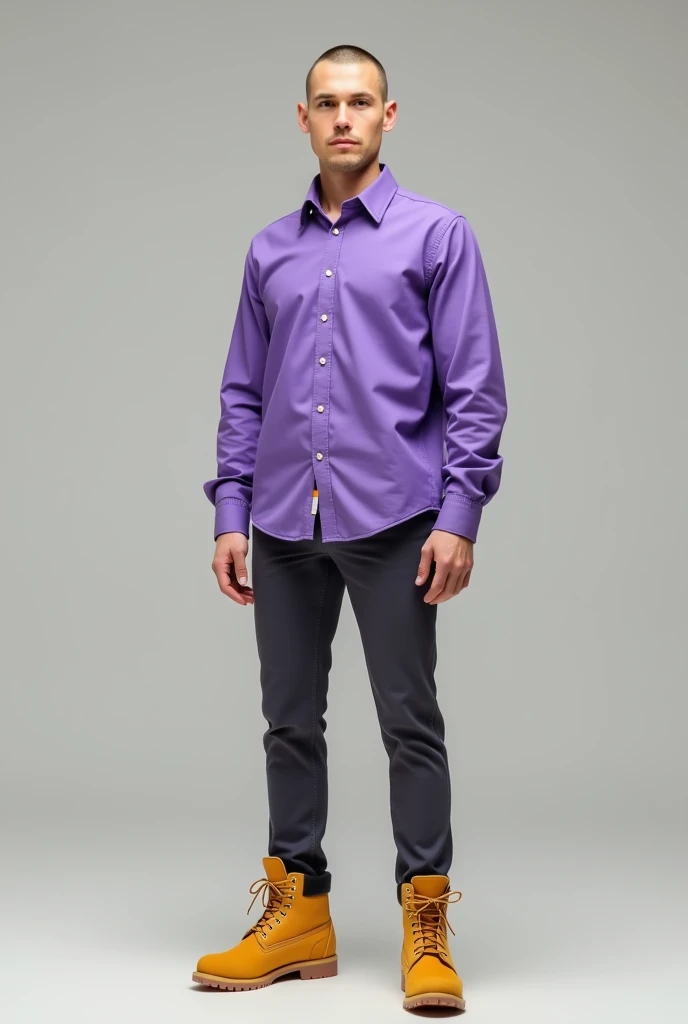 Slim white man wearing purple button-down shirt with yellow Timberland boots and buzzcut cut