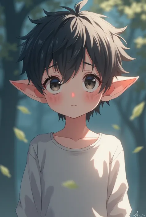 Anime style boy, submissive, weak, White,  dark eyes, Stare flushed ,  embarrassed , elf ears, ,  small ass.