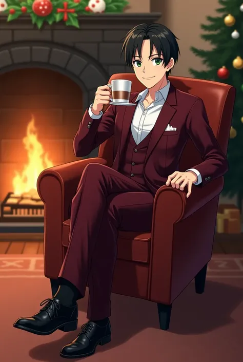 Levi Ackerman adult male anime smiling green eyes short black hair dark red formal suit full white formal shirt black shoes sitting by the fireplace drinking coffee in front of the Christmas pine decorated full body anime style 